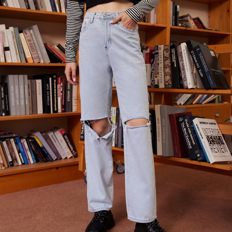 

High Waist Ripped Straight Leg Jeans, Light wash