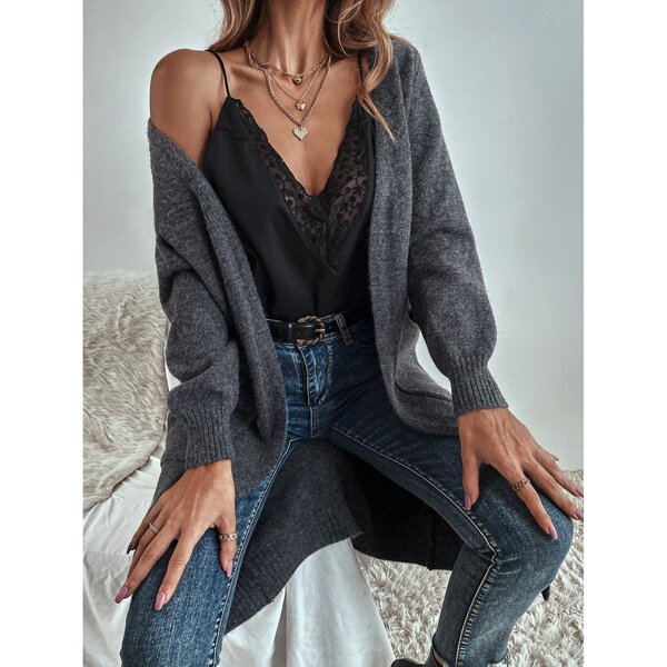 

Dual Pockets Raglan Sleeve Cardigan, Dark grey