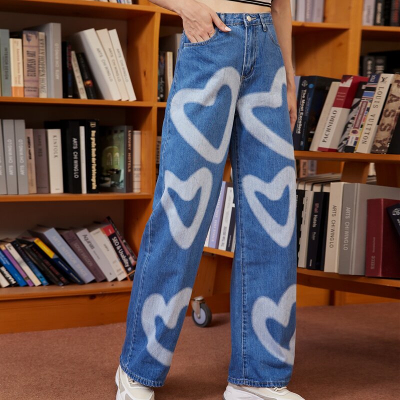 

High Waist Heart Print Wide Leg Jeans, Medium wash