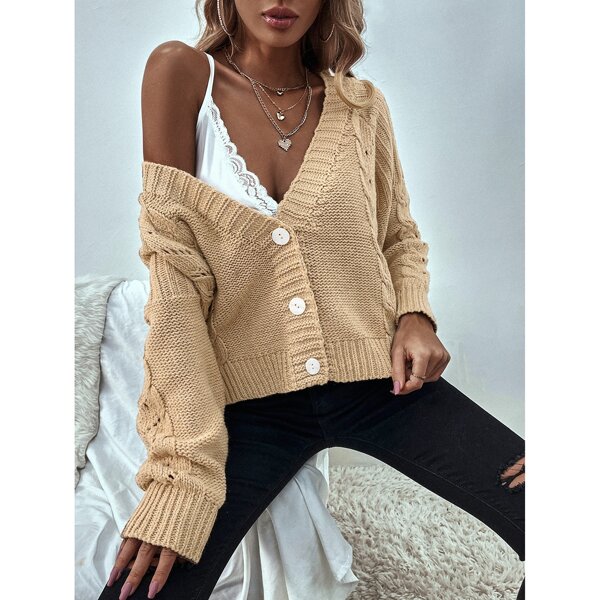 

Cable Knit Drop Shoulder Cardigan, Khaki