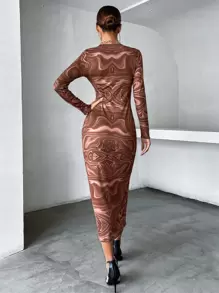 Vestido ajustado con estampado de mármol - Café integral - Ver 2