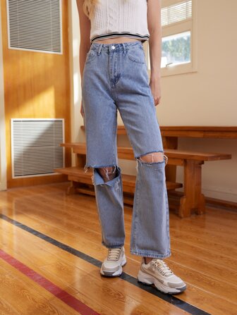 بنطلون جينز بساق مستقيم وممزق بخصر عالي