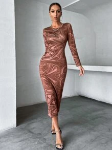 Vestido ajustado con estampado de mármol - Café integral - Ver 4