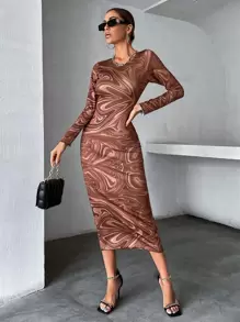 Vestido ajustado con estampado de mármol - Café integral - Ver 5