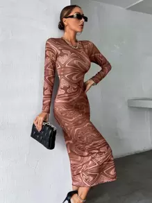 Vestido ajustado con estampado de mármol - Café integral - Ver 6