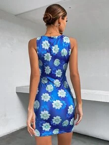 Tropical Print Sleeveless Bodycon Dress - Blue - View 2
