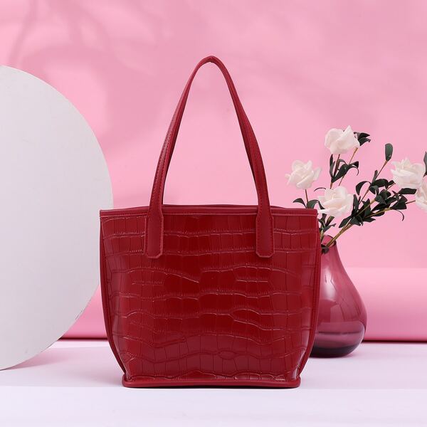 

Croc Embossed Shoulder Tote Bag, Burgundy