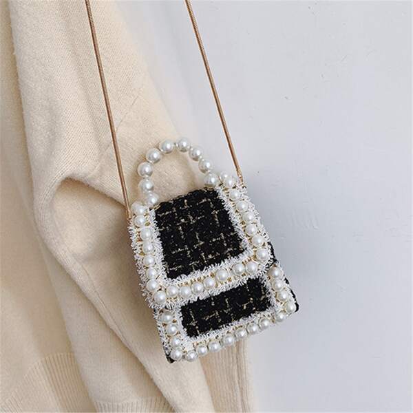 

Faux Pearl Decor Flap Square Bag, Black