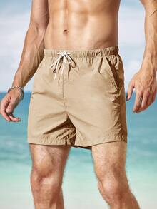 Manfinity RSRT Quần Short Nam Dây kéo Túi màu trơn Kỳ nghỉ - Màu Khaki - Xem 3