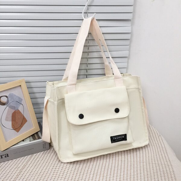 

Minimalist Double Pocket Shoulder Tote Bag, White
