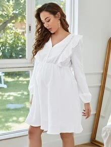 SHEIN Maternidad 1 pieza Vestido con encaje ribete con fruncido - Blanco - Ver 6