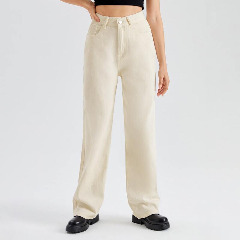 

Solid Pocket Straight Leg Jeans, Beige