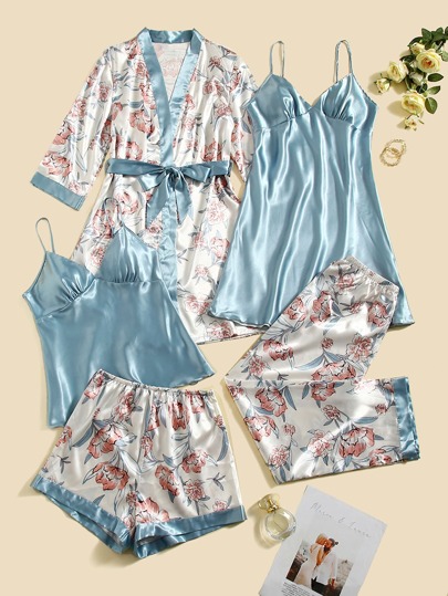 SHEIN Unity 5pcs Floral Print Belted Satin Robe & Cami Top & Night Dress & Trousers & Shorts