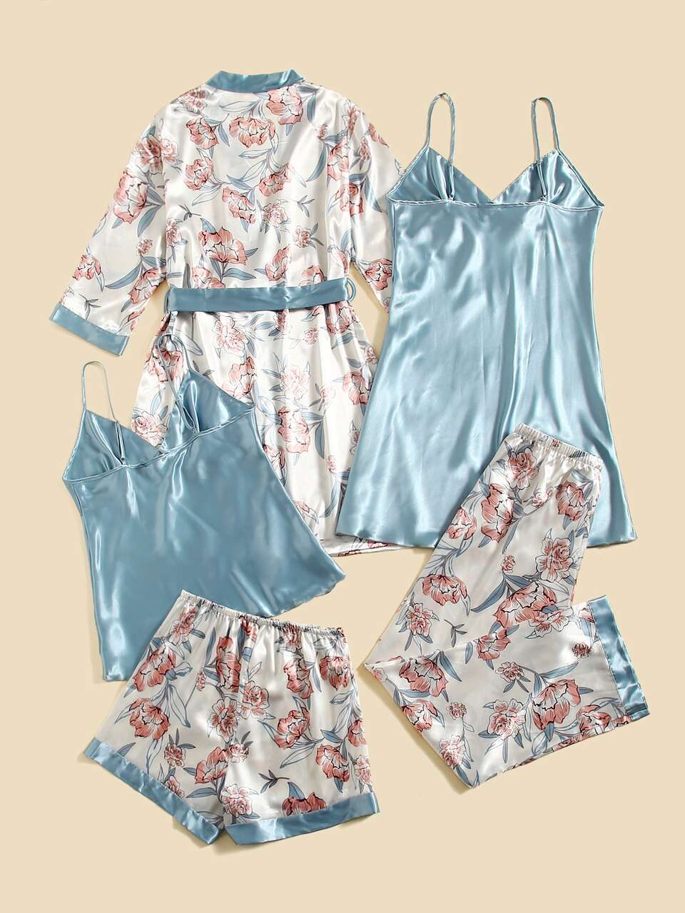 5pcs Floral Print Belted Satin Robe & Cami Top & Night Dress & Pants & Shorts, Fall Winter Clothes