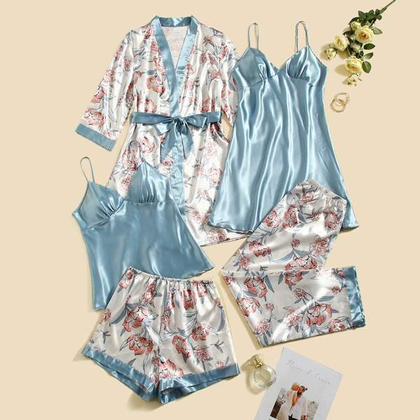 

5pcs Floral Print Belted Satin Robe & Cami Top & Night Dress & Pants & Shorts, Dusty blue