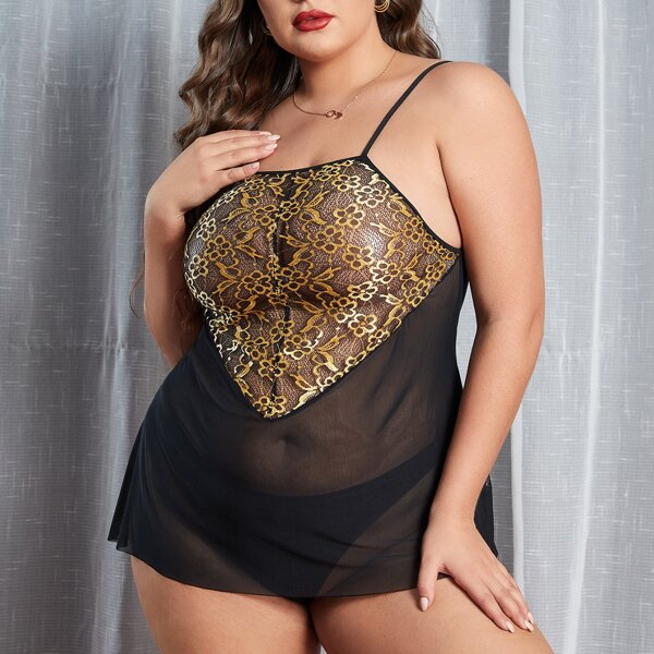 

Plus Contrast Lace Mesh Slips, Multicolor