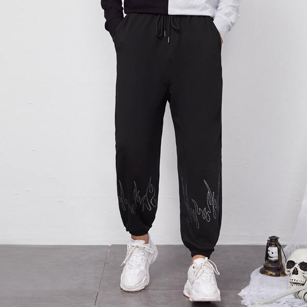 

Men Fire Print Slant Pocket Drawstring Sweatpants, Black