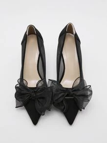 Bow Decor Mesh Panel Pumps - Black - View 2