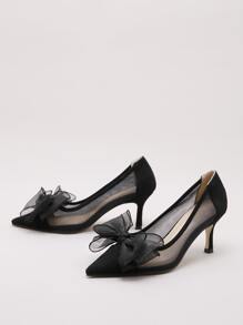 Bow Decor Mesh Panel Pumps - Black - View 6
