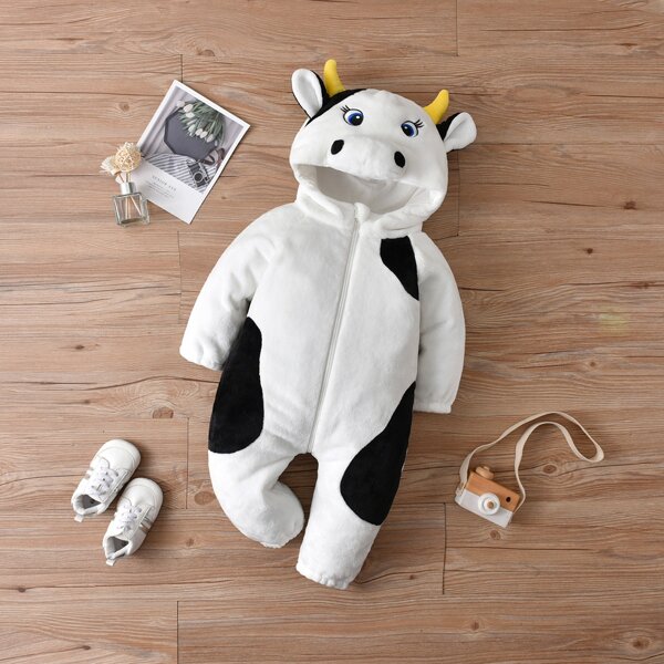 

Baby 3D Ear Design Zip Up Hooded Flannel Jumpsuit, Black and white