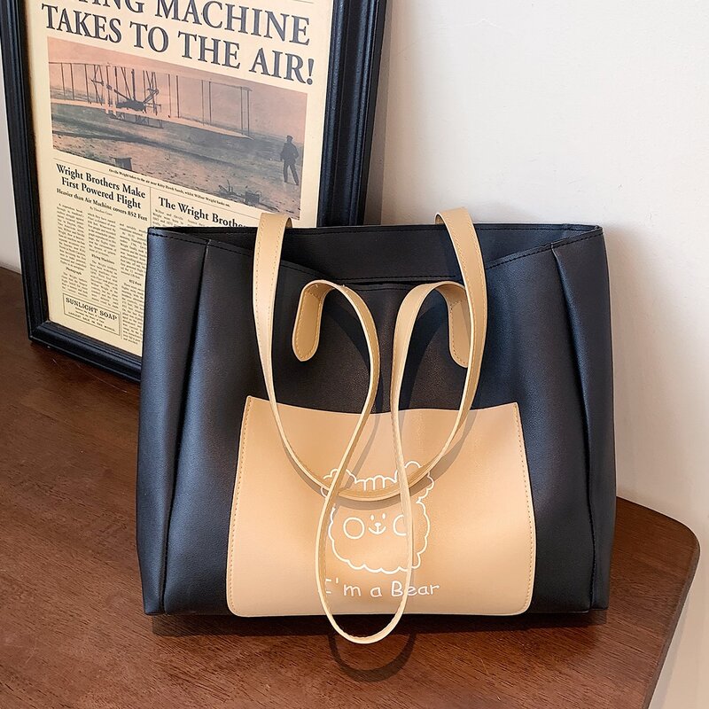 

Cartoon & Letter Graphic Shoulder Tote Bag, Black