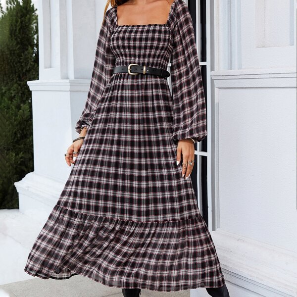 

Tartan Square Neck Shirred Lantern Sleeve Ruffle Hem Dress Without Belt, Multicolor