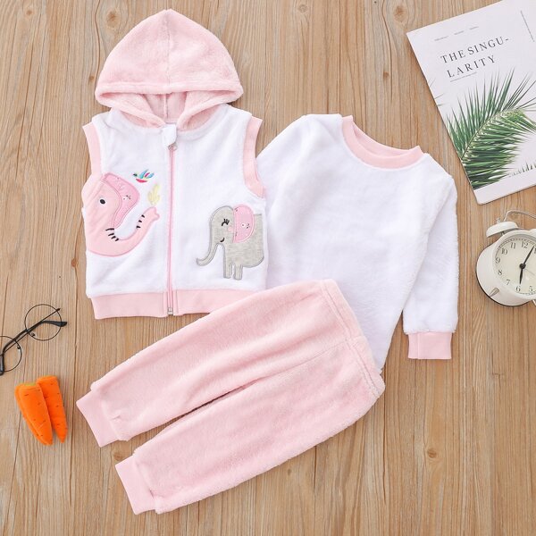 

Baby Elephant And Bird Embroidered Flannel Hoodie & Pullover & Sweatpants, Multicolor