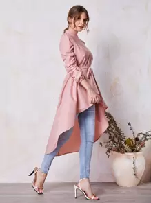 Mulvari Ruched Sleeve High Low Hem Belted Blouse - Dusty Pink - View 1