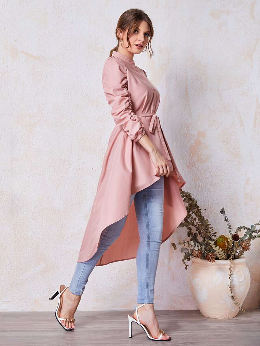 Mulvari Ruched Sleeve High Low Hem Belted Blouse - Dusty Pink - View 1