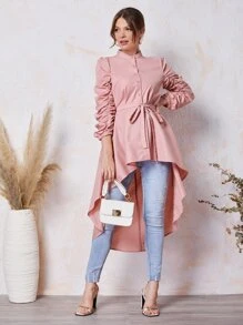 Mulvari Ruched Sleeve High Low Hem Belted Blouse - Dusty Pink - View 5