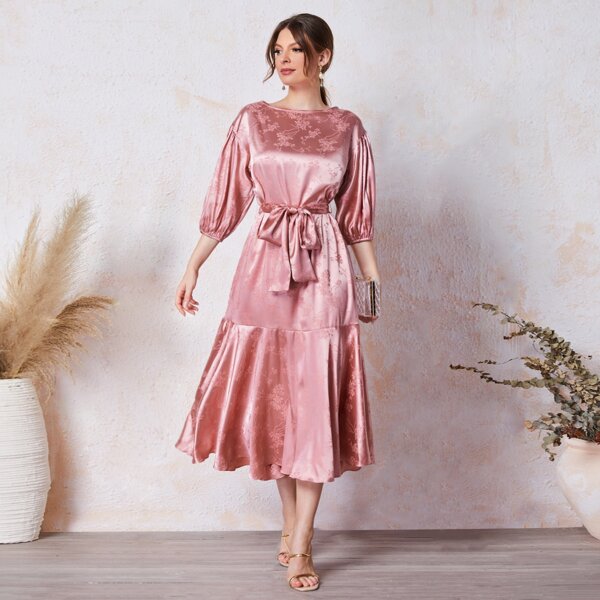 

Lantern Sleeve Ruffle Hem Belted Jacquard Dress, Dusty pink