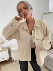 SHEIN Frenchy Flap Pocket Button Front Corduroy Coat Winter Casual - Khaki - View 1