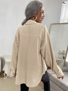 SHEIN Frenchy Flap Pocket Button Front Corduroy Coat Winter Casual - Khaki - View 2