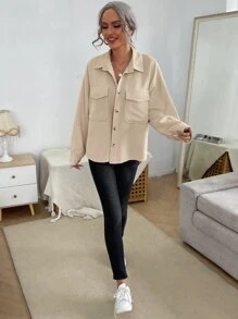 SHEIN Frenchy Flap Pocket Button Front Corduroy Coat Winter Casual - Khaki - View 4