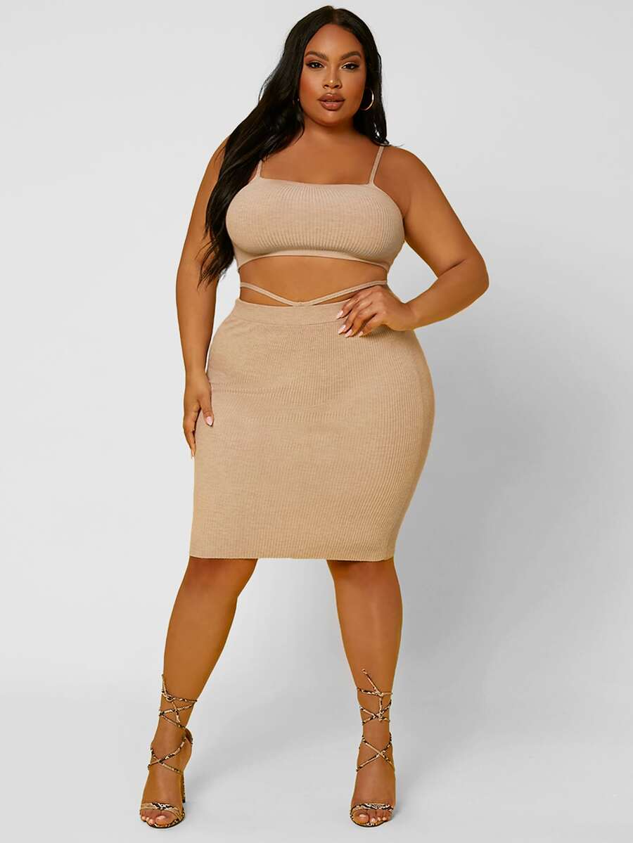SHEIN SXY Plus Crop Cami Knit Top & Bodycon Skirt - Apricot - View 1