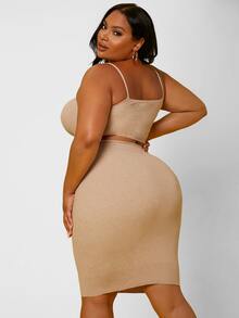 SHEIN SXY Plus Crop Cami Knit Top & Bodycon Skirt - Apricot - View 2