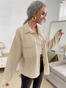 SHEIN Frenchy Flap Pocket Button Front Corduroy Coat Winter Casual - Khaki - View 5