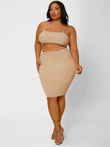 SHEIN SXY Plus Crop Cami Knit Top & Bodycon Skirt - Apricot - View 3