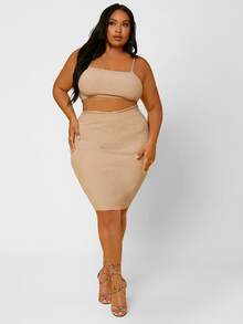 SHEIN SXY Plus Crop Cami Knit Top & Bodycon Skirt - Apricot - View 4