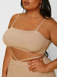 SHEIN SXY Plus Crop Cami Knit Top & Bodycon Skirt - Apricot - View 5