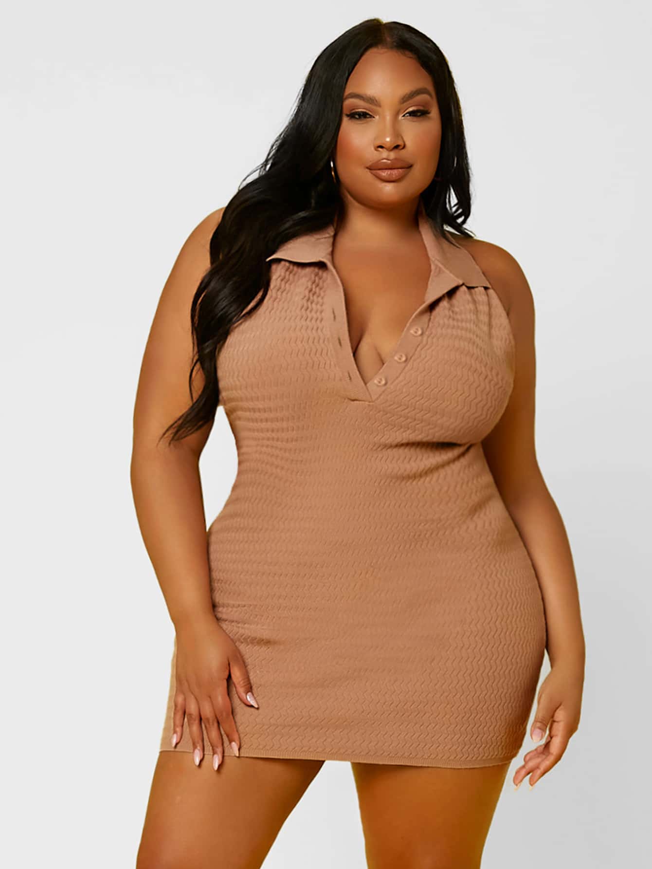 Our Plus 1pc Backless Halter Neck Bodycon Sweater Dress is such a vibe -  ROMWE