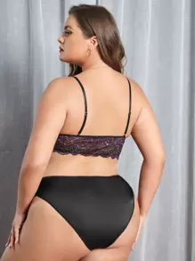 Set de lencería con encaje en contraste de satén - Negro - Ver 2