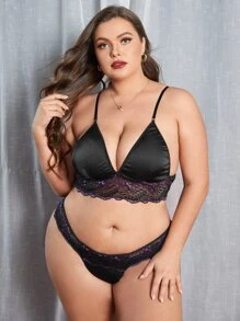 Set de lencería con encaje en contraste de satén - Negro - Ver 3