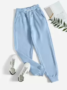 SHEIN PETITE 斜口袋抽繩衛褲 - 藍色 - 查看 1