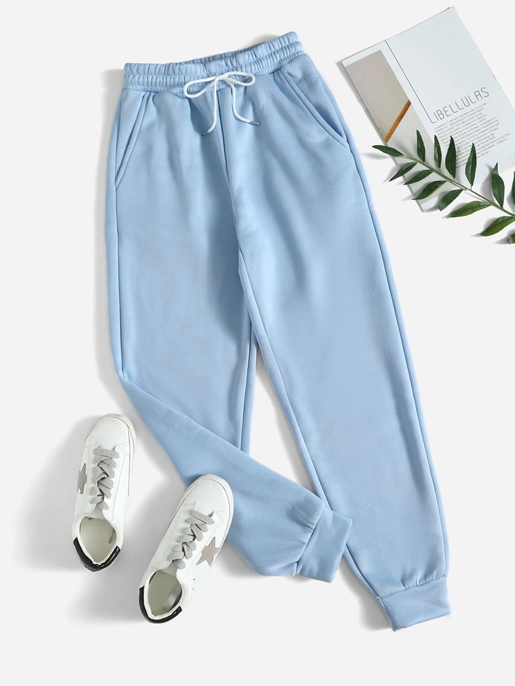 SHEIN PETITE Slant Pocket Drawstring Sweatpants - Blue - View 1
