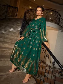 Seusyu Gold Floral Print Lantern Sleeve Belted Dress, Modest - Dark Green - View 1