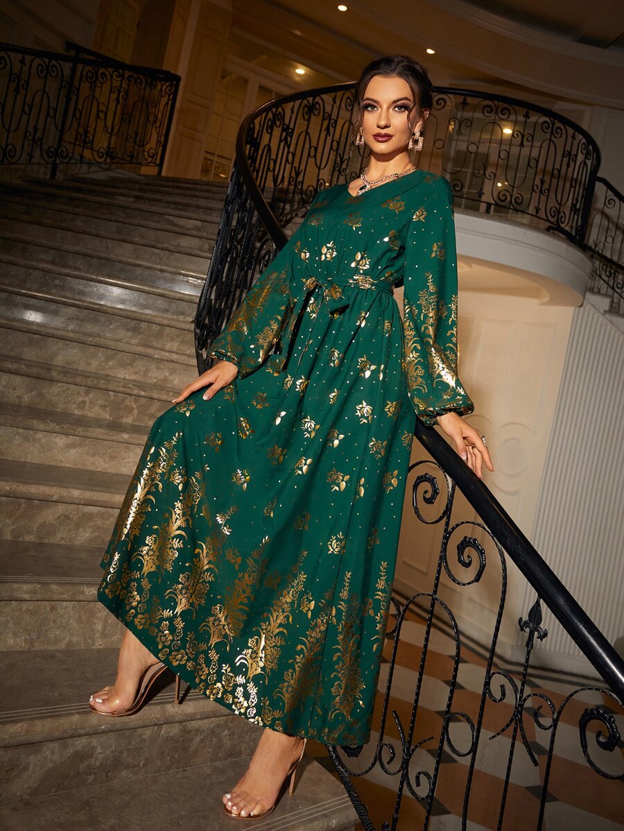Seusyu Gold Floral Print Lantern Sleeve Belted Dress, Modest - Dark Green - View 1