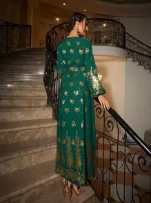 Seusyu Gold Floral Print Lantern Sleeve Belted Dress, Modest - Dark Green - View 2