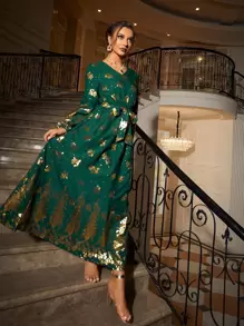 Seusyu Gold Floral Print Lantern Sleeve Belted Dress, Modest - Dark Green - View 5