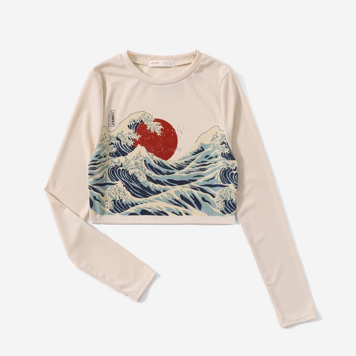

Wave Graphic Ribbed Crop Tee, Apricot